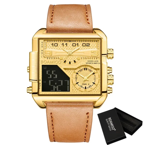 BOAMIGO Toppmärke Lyxmode Herrklockor Guld Stål Sport Fyrkantig Digital Analog Big Quartz Watch for Man relogio masculino brown gold pi(.105)