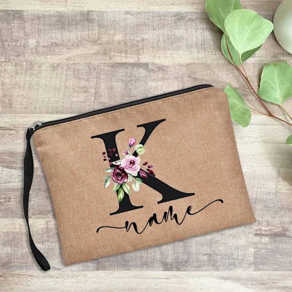 Personligt namn Kvinnor Sminkväska Alfabet Blommor Canvas Kosmetiska fodral Handväska Utomhusfest Bröllopspresenter Kawaii Makeup D4blackfK
