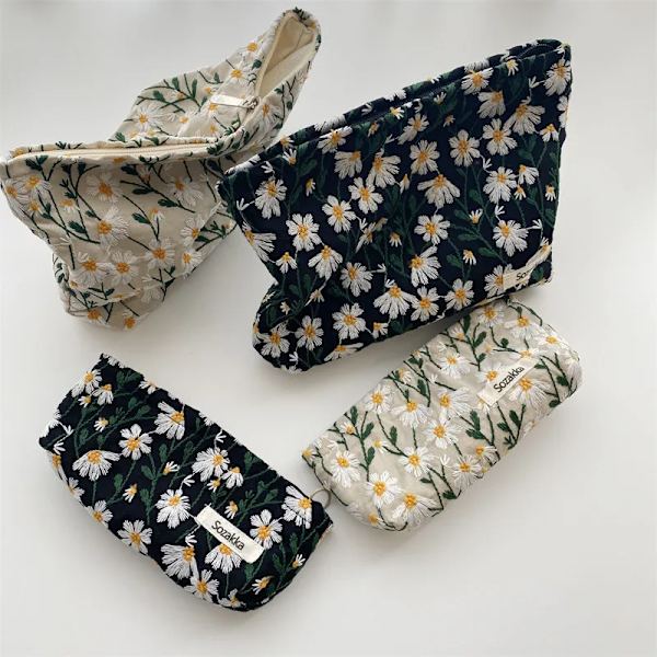 Kvinnor Kosmetikväska Broderi Daisy Floral Koreansk resor Toalettväska Canvas Case Sminkfodral Organizer Case r red  Flower