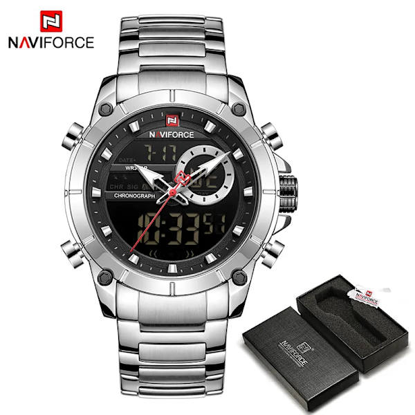 NAVIFORCE Luxury Original Watch för män Kvartsstål Vattentät Dual Display Modeklockor Relogio Masculino 9163 SB BOX
