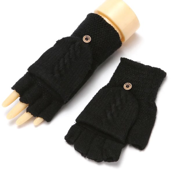 Förtjockning Ull Stickade Handskar Vintervarma Kvinnor Halvfinger Flip Vantar Handskar Utomhus Flickor Fingerlösa fingerexponerade handskar B- Black One size