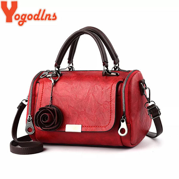 Yogodlns Nya blommor Hängande handväska Dammode Boston väskor enkel axelväska dam crossbody väska PU messenger bag winered 27x14x17cm
