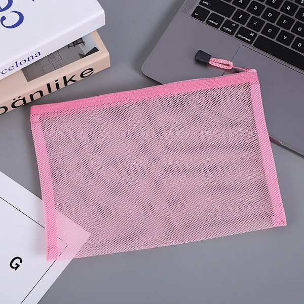 Transparent Synlig Nylon Mesh Makeup Kosmetisk Förvaringsväska Skolkontor Fil Dragkedja Student Penna Test Papper Organizer pink A5 (25x18cm)