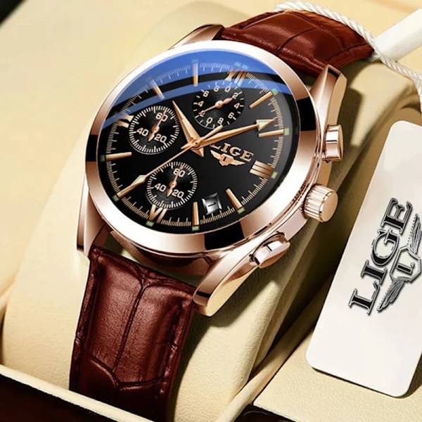 Nytt mode herrklockor Toppmärke Lyx Military Quartz Watch Premium Läder Vattentät Sport Chronograph Watch Herr gold white