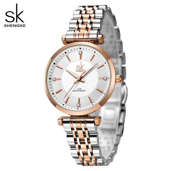 Relogio Feminino Shengke sk Mode Damklockor Rose Golden Rostfritt stål Dam Quartz Armbandsur Dam Färgrik klocka Black Leather