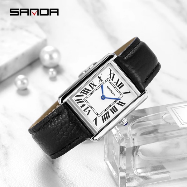 Sanda Brand Rektangulära Armbandsur För Kvinnor Silver Case Lyx Märke Äkta Läder Band Quartz Clock Zegarek Damski Black