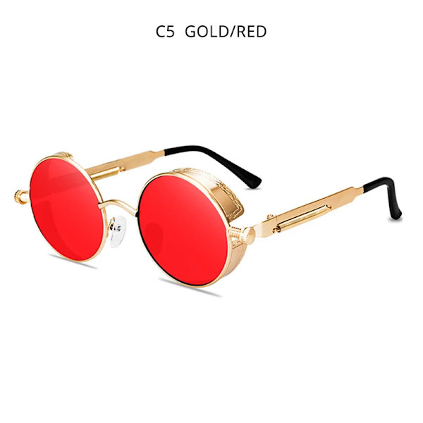 HOOBAN Klassiska Steampunk Solglasögon Män Kvinnor Retro Gothic Runda Mansglasögon Mode Metall Körglasögon UV400 Gold Red As Picture