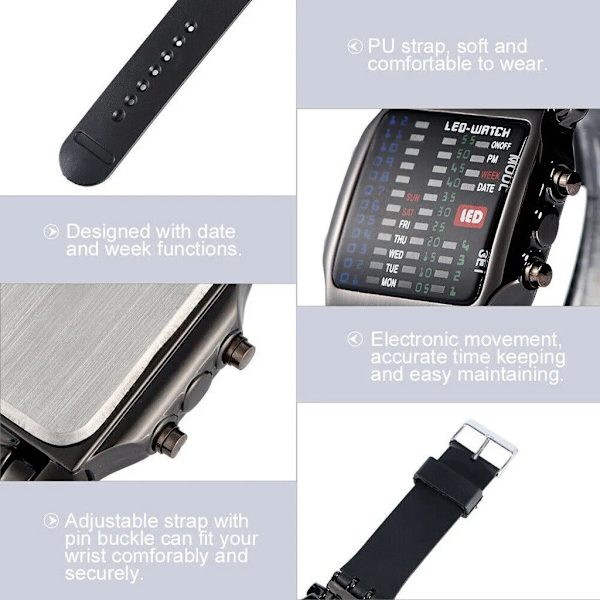 LED- watch Män Mode Kreativ Krabba Typ Elektronisk Watch Lysande binär present Affärsstil Cool Vattentät Multi Black