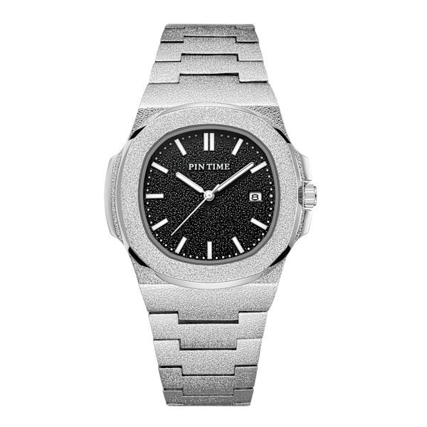PINTIME Nytt mode för män Casual PP watch Frostat case Quartz Urtavla Klockor Lyxdesign Män Sport Armbandsur Present med låda silver with blackA