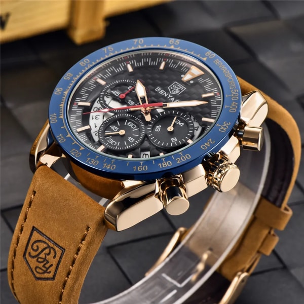 BENYAR Top Ny design män klockor Läderrem Lyx Vattentät Sport Quartz Kronograf Watch Herrklocka Reloj Hombre Gold Blue   L