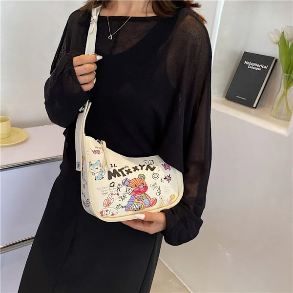 Cartoon Graffiti PU Läder Armhåla Axelväskor För Kvinnor Mode Ny Kvinnors Designer Crossbody Bag Lyxmärke Handväska Khaki 24cmx18cmx7cm