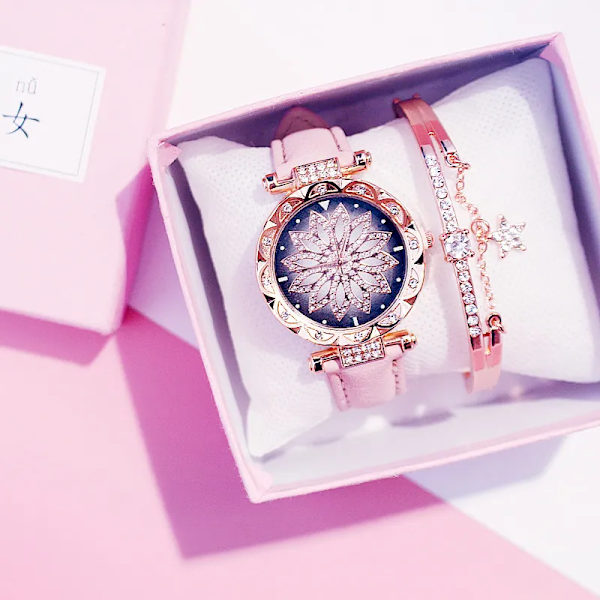 2020 Damklockor Set Starry Sky Watch Casual Läder Sport Quartz Clock Relogio Feminino Blue With Bracelet
