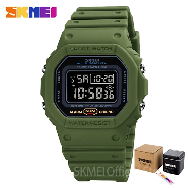 SKMEI Multifunktionell Digital Watch Herr 2 Time Count Down Herrarmbandsur Mode Retro Manklockor reloj hombre 1628 GreenBlack with box