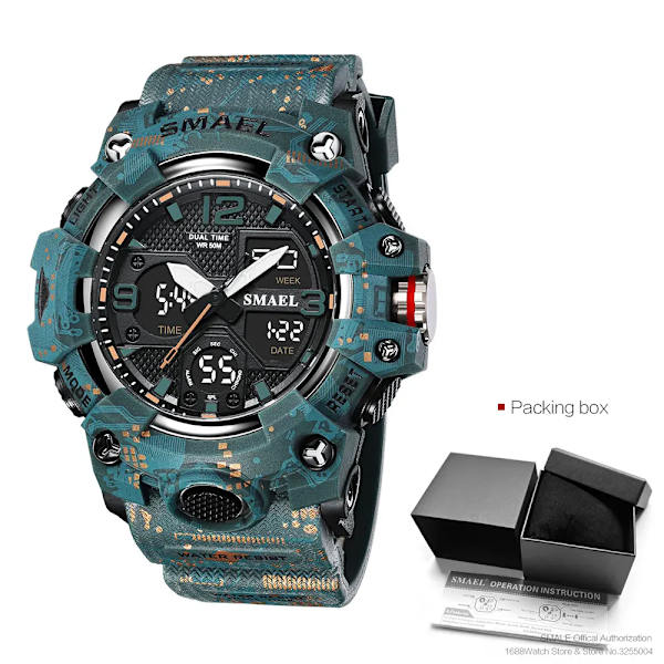 SMAEL Dual Time Watch för män Mode Vattentät Quart Digital Armbandsur Väckarklocka LED Bakgrundsbelysning Kalenderklockor 8008 Camo Blue-Box