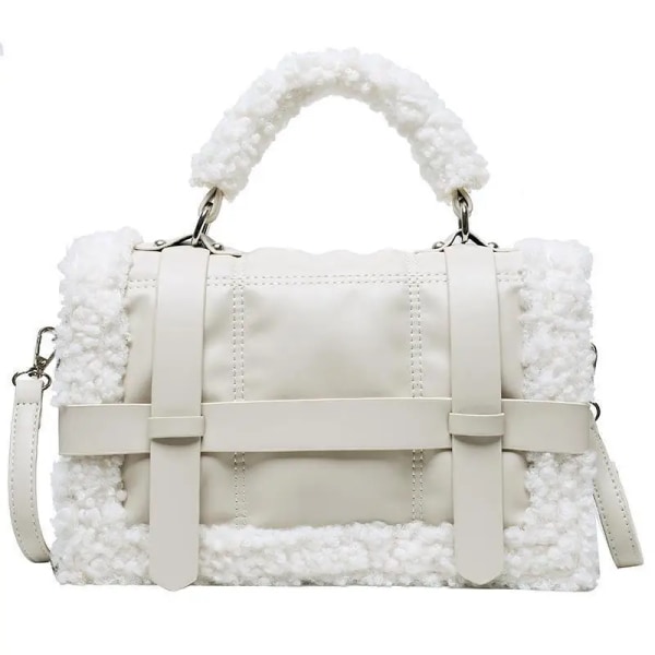 Mode Kvinnor Vinter Fuskpäls Lalambsull Skulder Crossbody Väska Handväska Dam Handväska Kvinnlig Party Tygväska Julklapp White