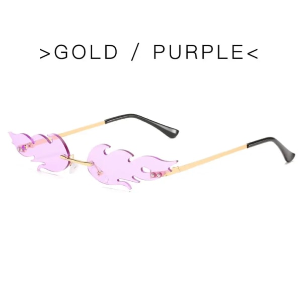 Mode Damer Fire Flame Style Solglasögon Trendiga båglösa solglasögon Nyhet Metallbåge UV400 Solglasögon Fest Cosplay Glasögon Gold-Purple