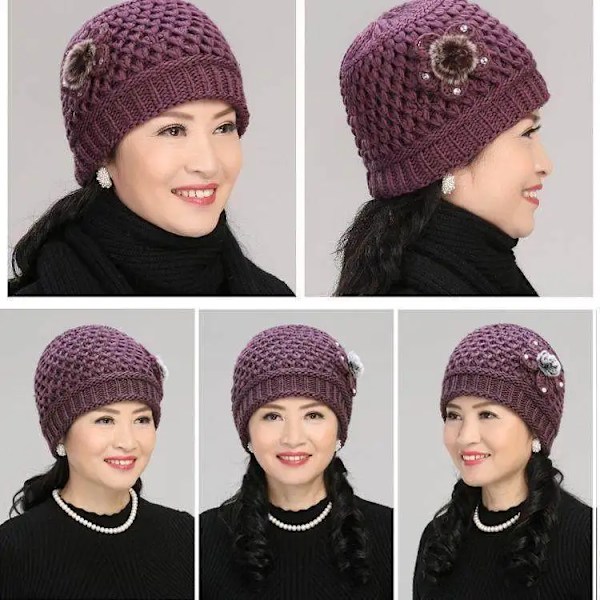 Vintermössor för Kvinnor, Mode Blommiga Kors Stickade Mössor, Dam Varma Sammet Vintermössa, Skullies Beanies Kvinnomössa Purple