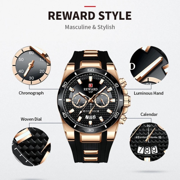 REWARD Fashion Big Dial Watch Herr Toppmärke Lyx Chronograph Silikon Sport Kvartsklockor Vattentät relogio Masculino Black Green(.265)