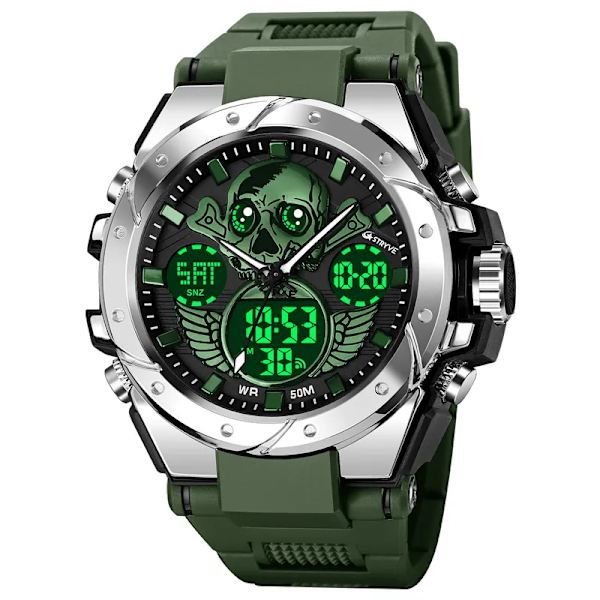 Ny STRYVE watch Creative Skull Design Digital-Analog Dual Display Watch Kalendervecka Stoppur Watch S8008 Black Green