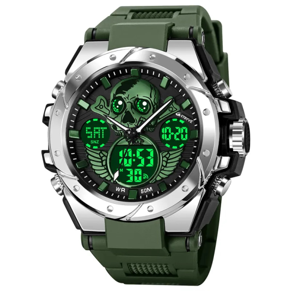 Ny STRYVE watch Creative Skull Design Digital-Analog Dual Display Watch Kalendervecka Stoppur Watch S8008 Green