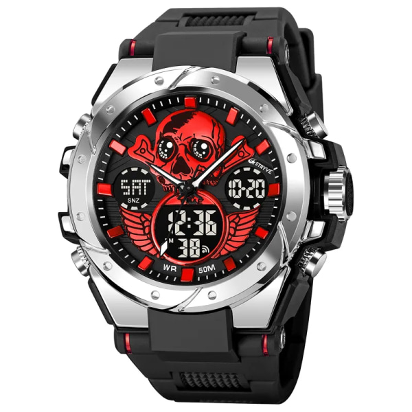 Ny STRYVE watch Creative Skull Design Digital-Analog Dual Display Watch Kalendervecka Stoppur Watch S8008 Silver Red