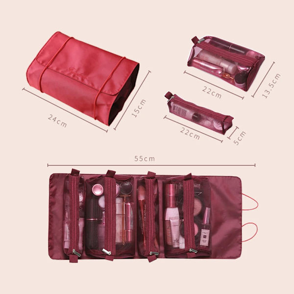 Kvinnor Kosmetikväska Organizer Vikbar hängande nylon Bärbar sminkväska Multifunktionell toalettpåse plum M