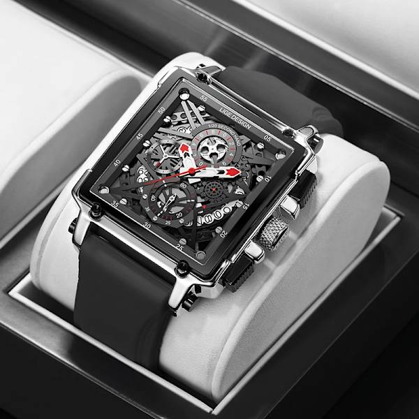 2023 nya LIGE Herrklockor Toppmärke Lyx Hollow Square Watch För män Mode Silikonrem Vattentät Quartz Armbandsur Silver black