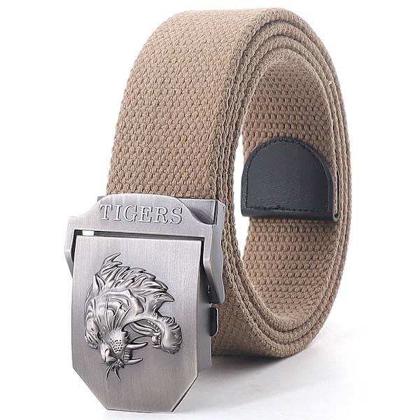 Ny canvas utomhus taktiskt armébälte 3D tigerhuvud Emblem metallspänne unisex jeansbälte för män Militärbälte Man sportrem dark khaki 110cm