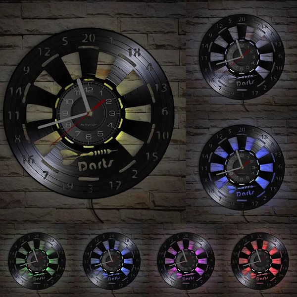 Dartspel Pub Vinyl Retro Skivspelare Väggklocka Mancave Spelrum Dekoration Retro Tidsmätare Darttavla Bar Nattklubb Disk Hantverk With LED(.103)