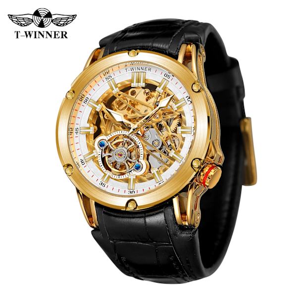 T-vinnare Ny 2023 män automatisk mekanisk watch Läderrem Skelett Mode Vattentät för manliga presentklockor black gold