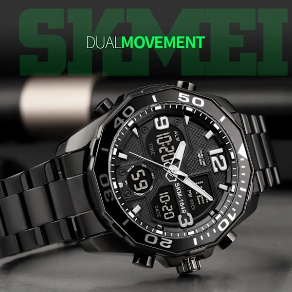 SKMEI 1649 Roterbar Ring Quartz Digital Herrarmbandsur Chrono Alarm Man Clock reloj hombre Dual Movement Sport Herrklockor Silver