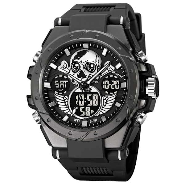 Ny STRYVE watch Creative Skull Design Digital-Analog Dual Display Watch Kalendervecka Stoppur Watch S8008 Black