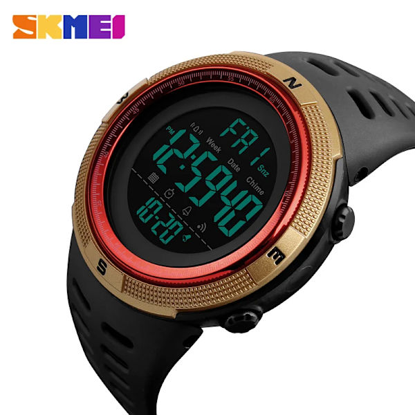 SKMEI 1251 Sport Herrklockor Simma utomhus Vattentät LED Mode digitala Herrklockor Nedräkning Elektronisk Watch Militär gold red