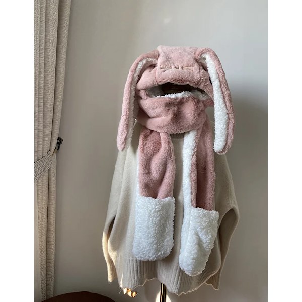 Öronlappsmössa Kvinna Söt Stor Öra Kaninhatt Bib Vinter Varm Mjuk Tjockning Fickmössor Huvad Mode Halsduk Hatt Handske Kaninhatt Pink 56-58cm