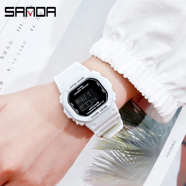 SANDA Brand Digital Watch Lyx G Style Elektroniska Klockor Watch För Kvinnor Män Stoppur Countdown Armbandsur 293 white black
