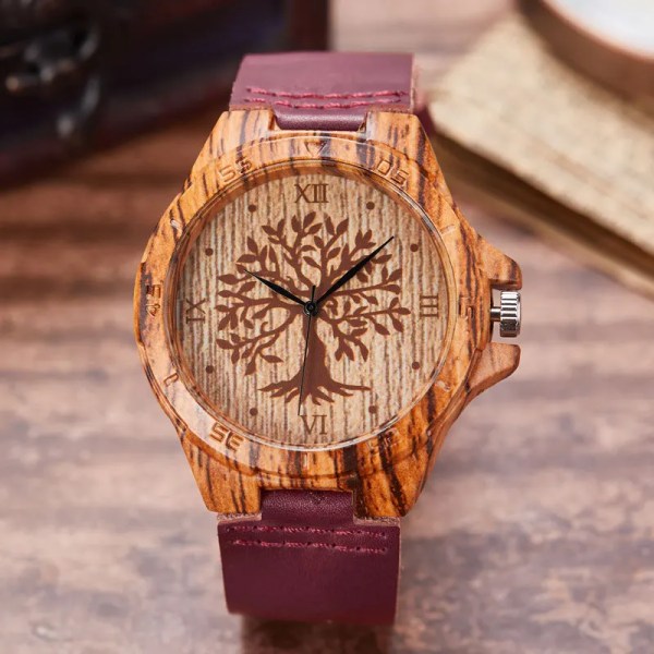 Natural Tree Wood Watch Quartz Herr Armbandsur i äkta läder Life Träddesign Mode Man Presenter Klocka Relogio Masculino tree1