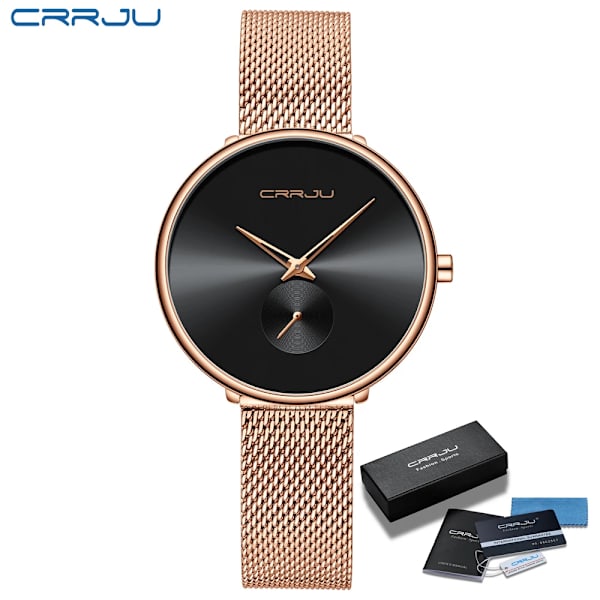 CRRJU Mode Watch Lyx Casual Enkel Dam Klänning Mesh Armbandsur Minimalistisk Vattentät Kvartsklocka Rose Black BOX