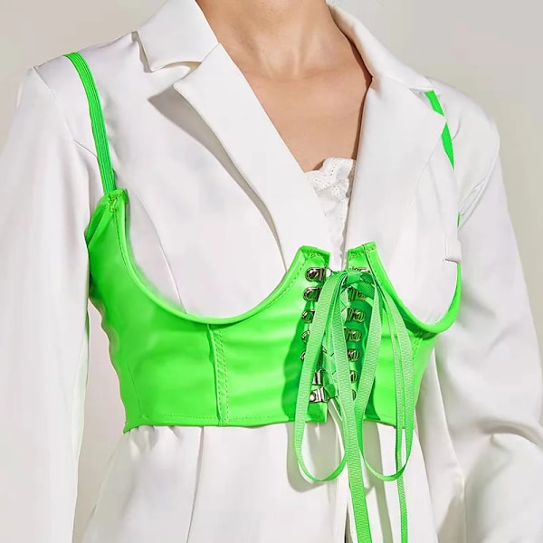 2022 Streetwear Gothic Mörk PU-läder Crop Top Kvinnor Hook Spets Up Punk Style Linne Cummer Bunds Korsett Tops Green