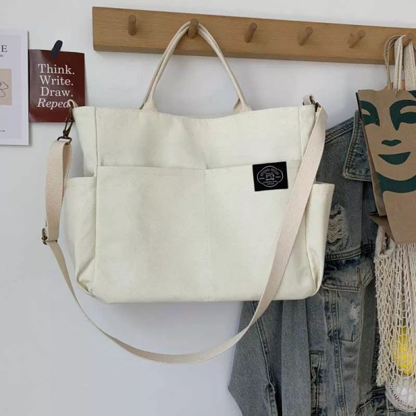 Hylhexyr Dam Retro Stora Väskor Bomulls Canvas Axelväska Mode Crossbody Handväska Dragkedja Casual Tote Multi Pocket Beige