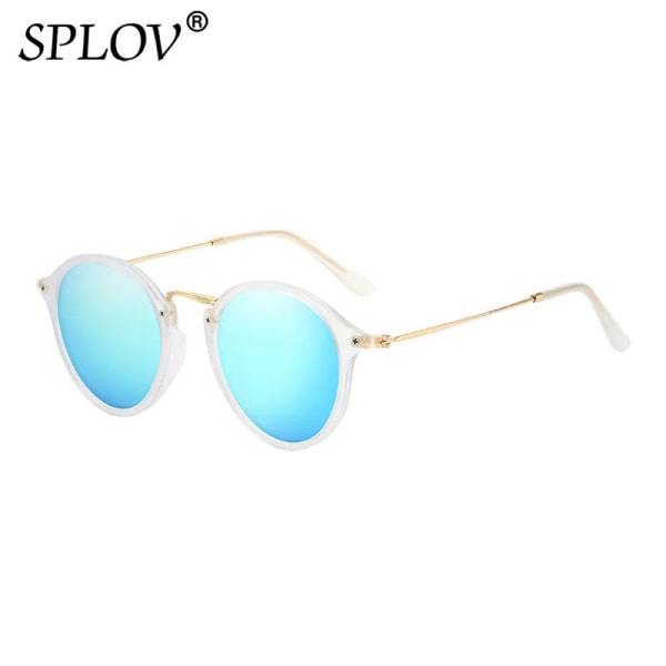 SPLOV New Arrival Runda Solglasögon Retro Män Dam Märke Designer Solglasögon Vintage Beläggning Spegel Oculos De Sol UV400 Trans Blue