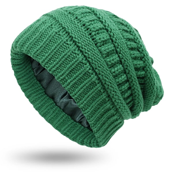 Mode Nya 9 Färger Dam Vinter Varm Stickad Hatt Satin Silke Fodrad Kabel Stickad Beanie Chunky Slouchy Skull Cap Green