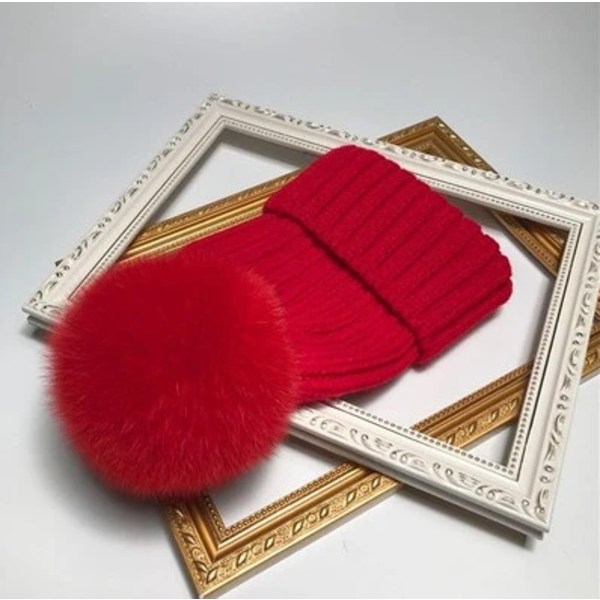 Vintermössa med Pompom i Mink och Ball Cap för Kvinnor och Flickor, Stickad Beanie, Helt Ny, Tjock Kvinnomössa, 50-54-60 cm red child 50-54CM