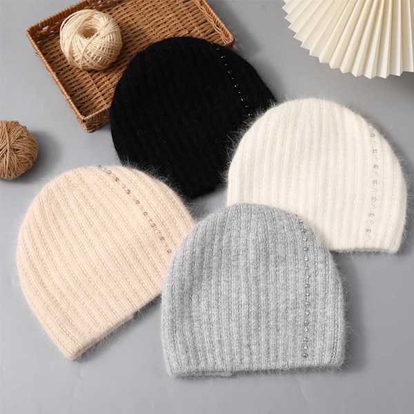 Cntang Angorahatt för kvinnor, vinter, stickad, varm, mössa, mode, lyxig designerhatt för kvinnor med pärldiamant Gray