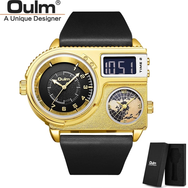 Oulm 5026 New Dual Display Två tidszon Watch Man Big Dial Quartz Clock Timmar Herr Armbandsur i äkta läder gold black with box