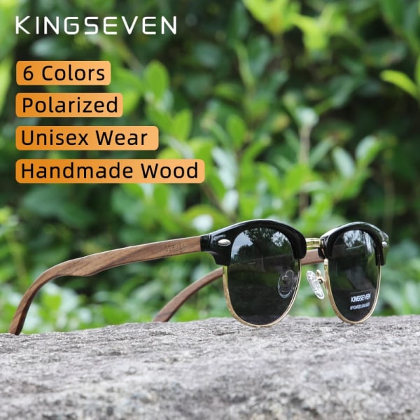KINGSEVEN Handgjorda 2022 svarta valnötssolglasögon av trä för män Polariserad UV400-skydd Halvbåglös retroglasögon Dam Oculos Red Original