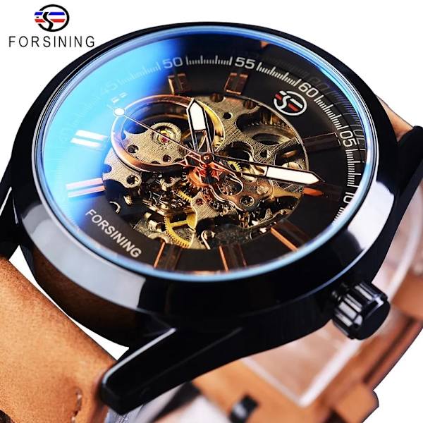 Forsining 2017 Herr Casual Watch Brunt äkta läderarmband Toppmärke Lyx Automatisk Watch Skelettklocka Silver