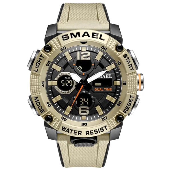 SMAEL Dual Time LED Display Digital watch för män Vattentät Simning Quartz Sportklockor Auto Date Alarm Clock Armbandsur 8039 Khaki