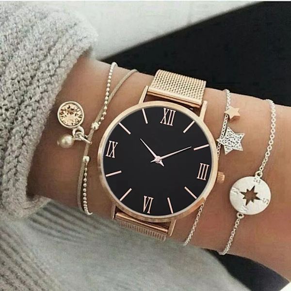 Damklockor Lyx Rose Gold Urtavla Topp Märke Rostfritt Stål Klänning Quartz Armbandsur Mesh Armband Kvinnlig Klocka Hot Zegarek Damski Grey