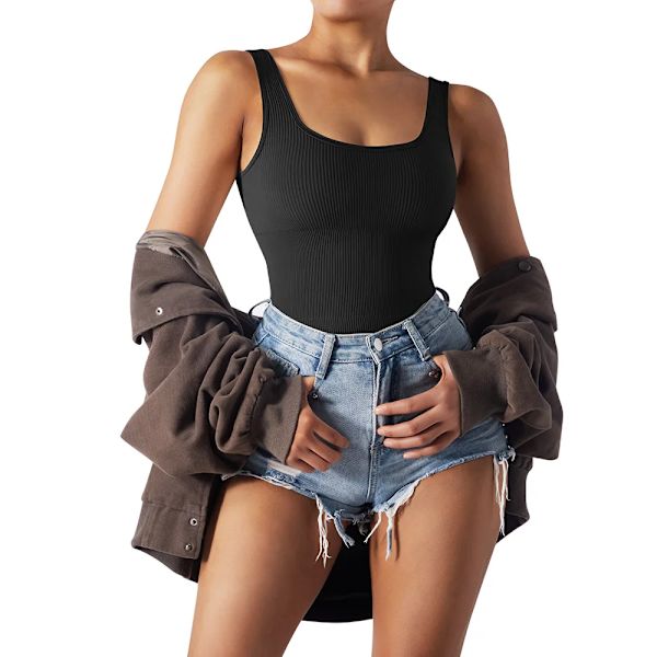 Body Shapewear Dam Ribbstickad Sexig Body Magkontroll Spaghetti Square Neck Vadderat linne Seamless Jumpsuit Bodyshaper SJ002RN L