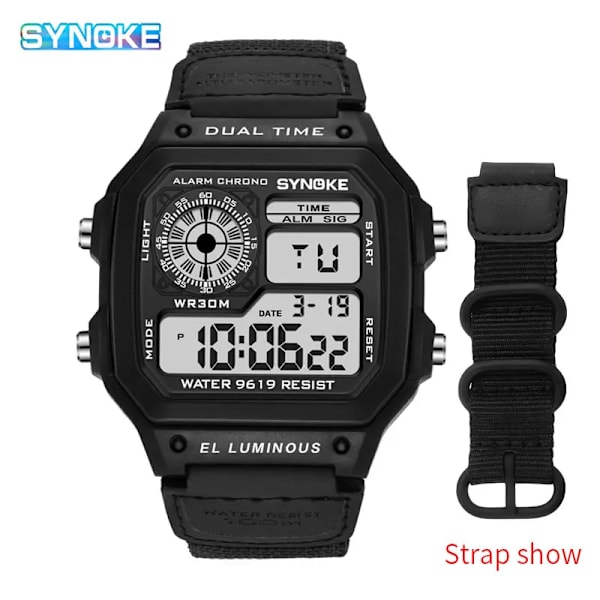 SYNOKE Digital Watch för män Led Vattentät Man Nylon Klockor Lyx Sport Man Armbandsur Stor väckarklocka Relojes Deportivos All Black